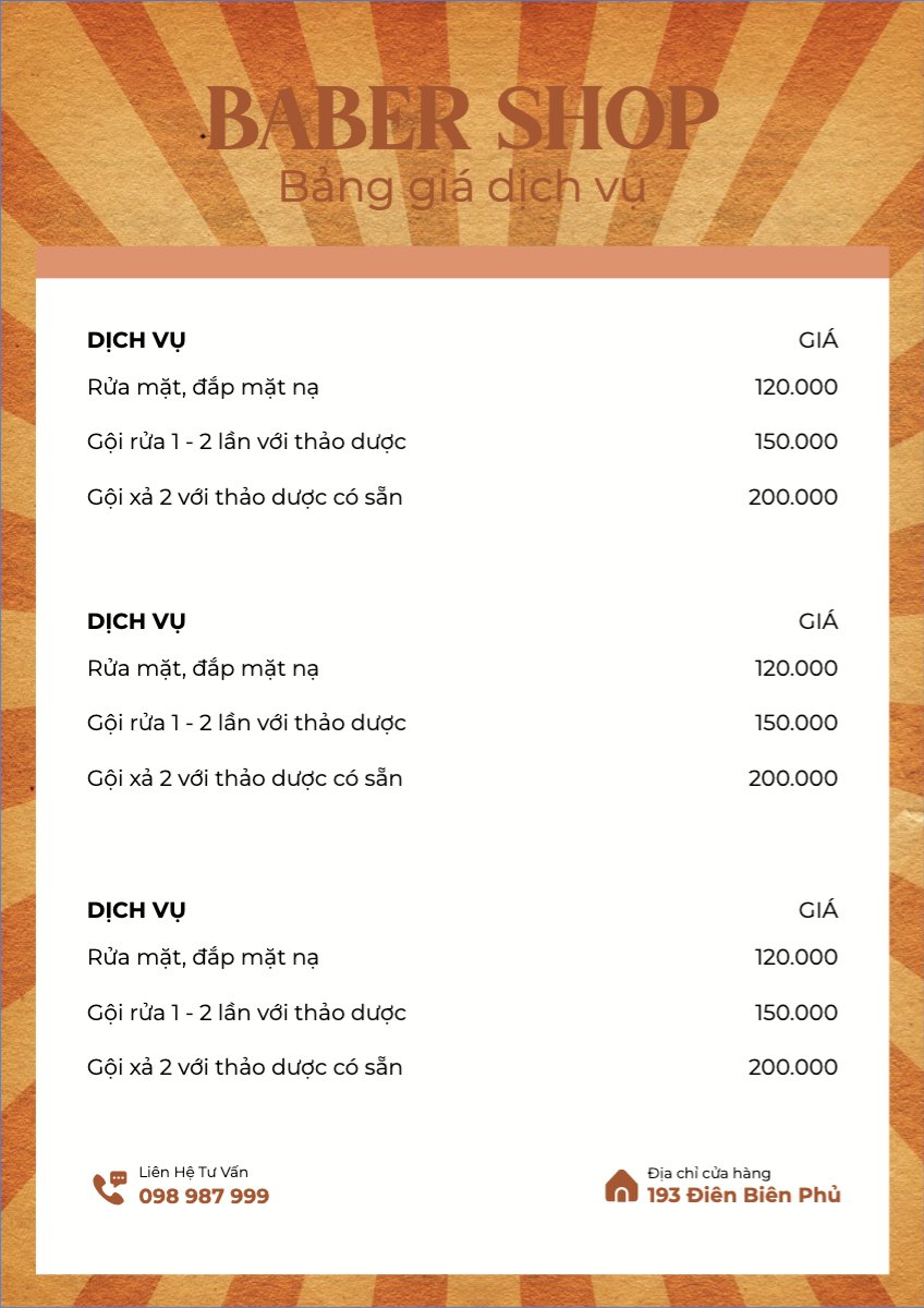 Mẫu Menu tờ rời (dọc) Tiệm tóc, tiệm cắt tóc, baber shop, salon, nail, spa, beauty, làm đẹp, thẩm mỹ — LayerPic