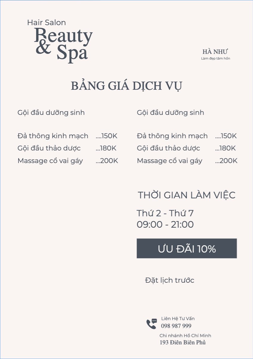 Mẫu Menu tờ rời (dọc) Tiệm tóc, tiệm cắt tóc, salon, nail, spa, beauty, làm đẹp, thẩm mỹ — LayerPic