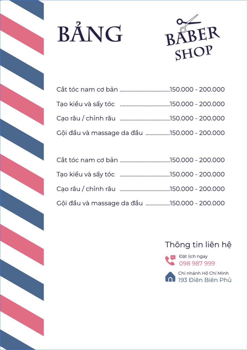 Mẫu Menu tờ rời (dọc) Tiệm tóc, tiệm cắt tóc, baber shop, salon, nail, spa, beauty, làm đẹp, thẩm mỹ — LayerPic