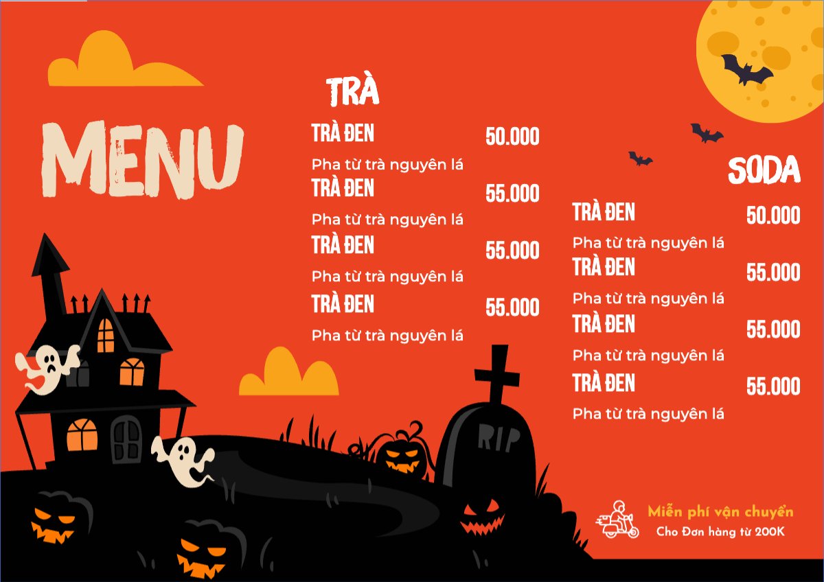 Mẫu Menu tờ rời (ngang) Halloween, nước uống, juice, giải khát, F&B, drink — LayerPic