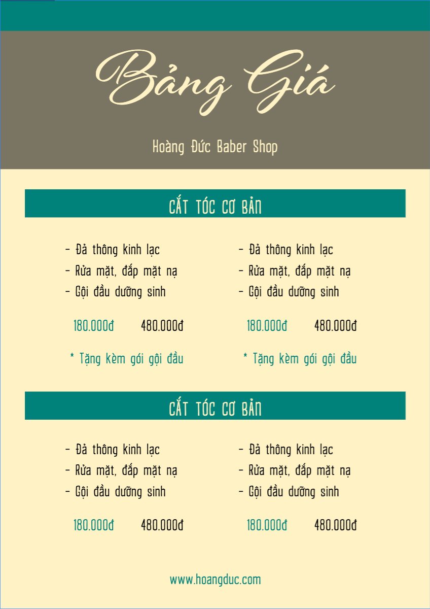 Mẫu Menu tờ rời (dọc) Tiệm tóc, tiệm cắt tóc, baber shop, salon, nail, spa, beauty, làm đẹp, thẩm mỹ — LayerPic