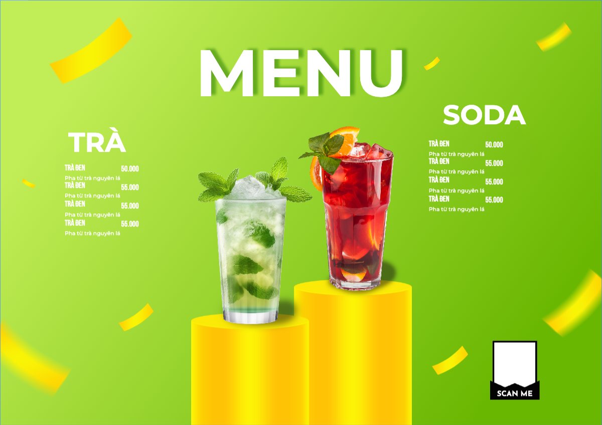 Mẫu Menu tờ rời (ngang) Nước uống, juice, giải khát, F&B, drink, trà, tea — LayerPic