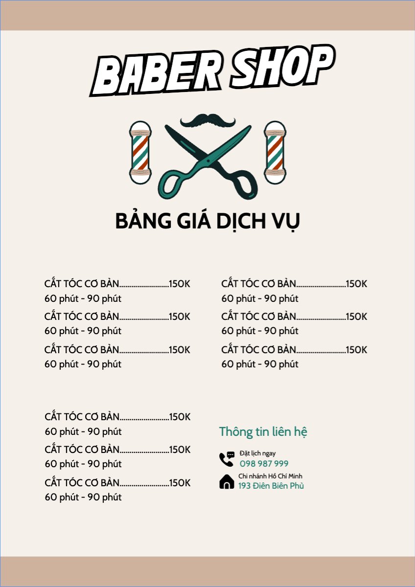 Mẫu Menu tờ rời (dọc) Tiệm tóc, tiệm cắt tóc, baber shop, salon, nail, spa, beauty, làm đẹp, thẩm mỹ — LayerPic
