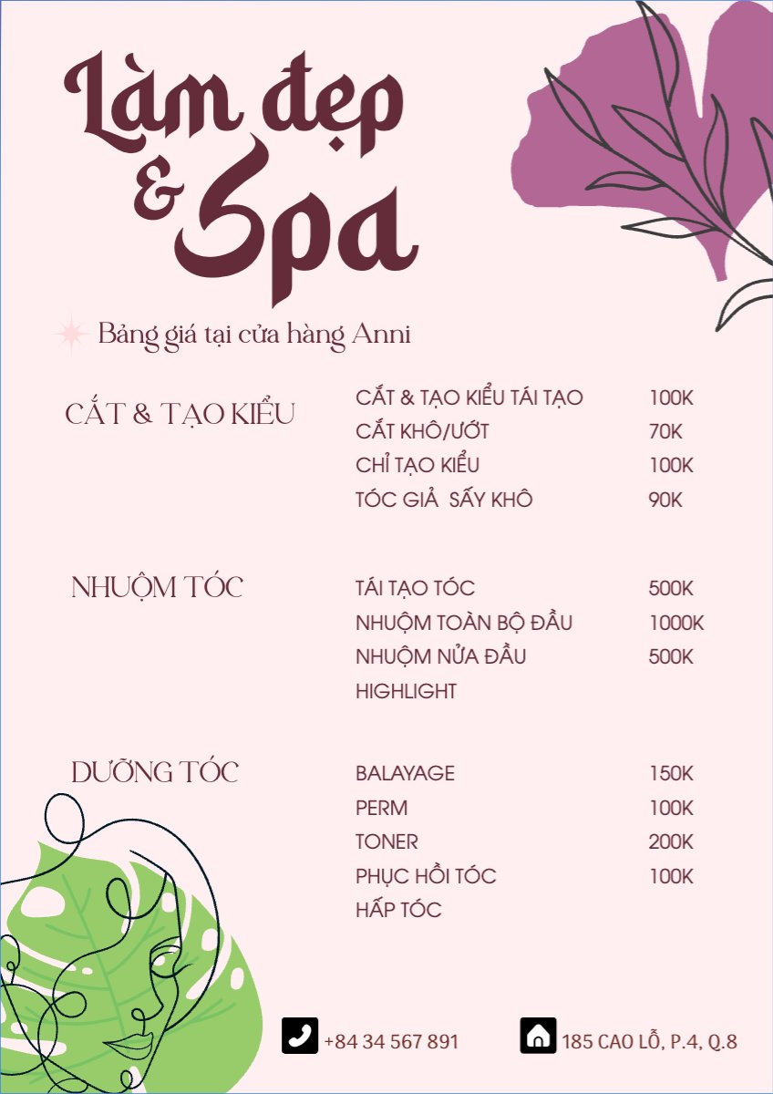 Mẫu Menu tờ rời (dọc) Tiệm tóc, tiệm cắt tóc, salon, nail, spa, beauty, làm đẹp, thẩm mỹ — LayerPic
