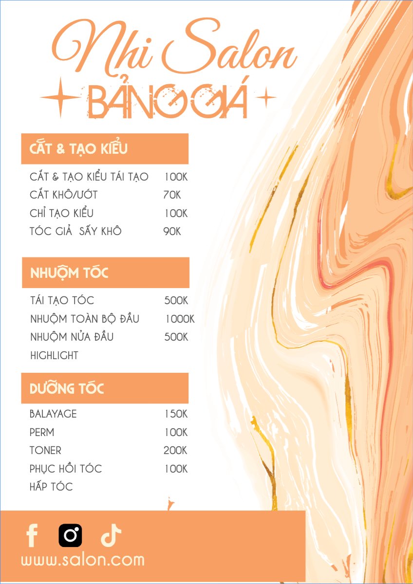 Mẫu Menu tờ rời (dọc) Tiệm tóc, tiệm cắt tóc, salon, nail, spa, beauty, làm đẹp, thẩm mỹ — LayerPic