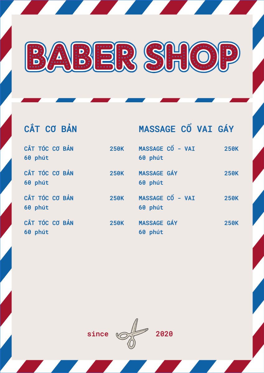 Mẫu Menu tờ rời (dọc) Tiệm tóc, tiệm cắt tóc, baber shop, salon, nail, spa, beauty, làm đẹp, thẩm mỹ — LayerPic