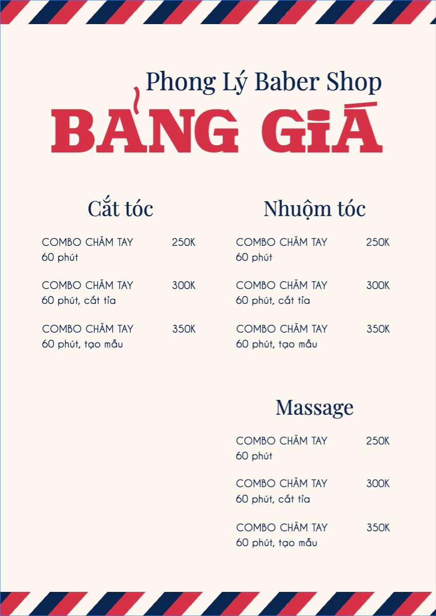 Mẫu Menu tờ rời (dọc) Tiệm tóc, tiệm cắt tóc, baber shop, salon, nail, spa, beauty, làm đẹp, thẩm mỹ — LayerPic