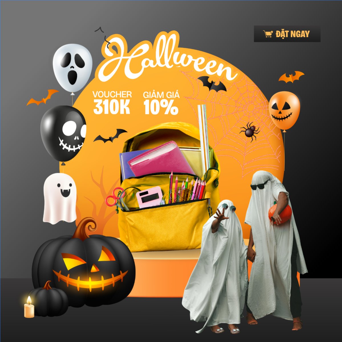 Mẫu Bài post MXH vuông Halloween, giáo dục, education, balo, dụng cụ học tập, dễ thương, cute, chibi, hoạt hình, cartoon — LayerPic