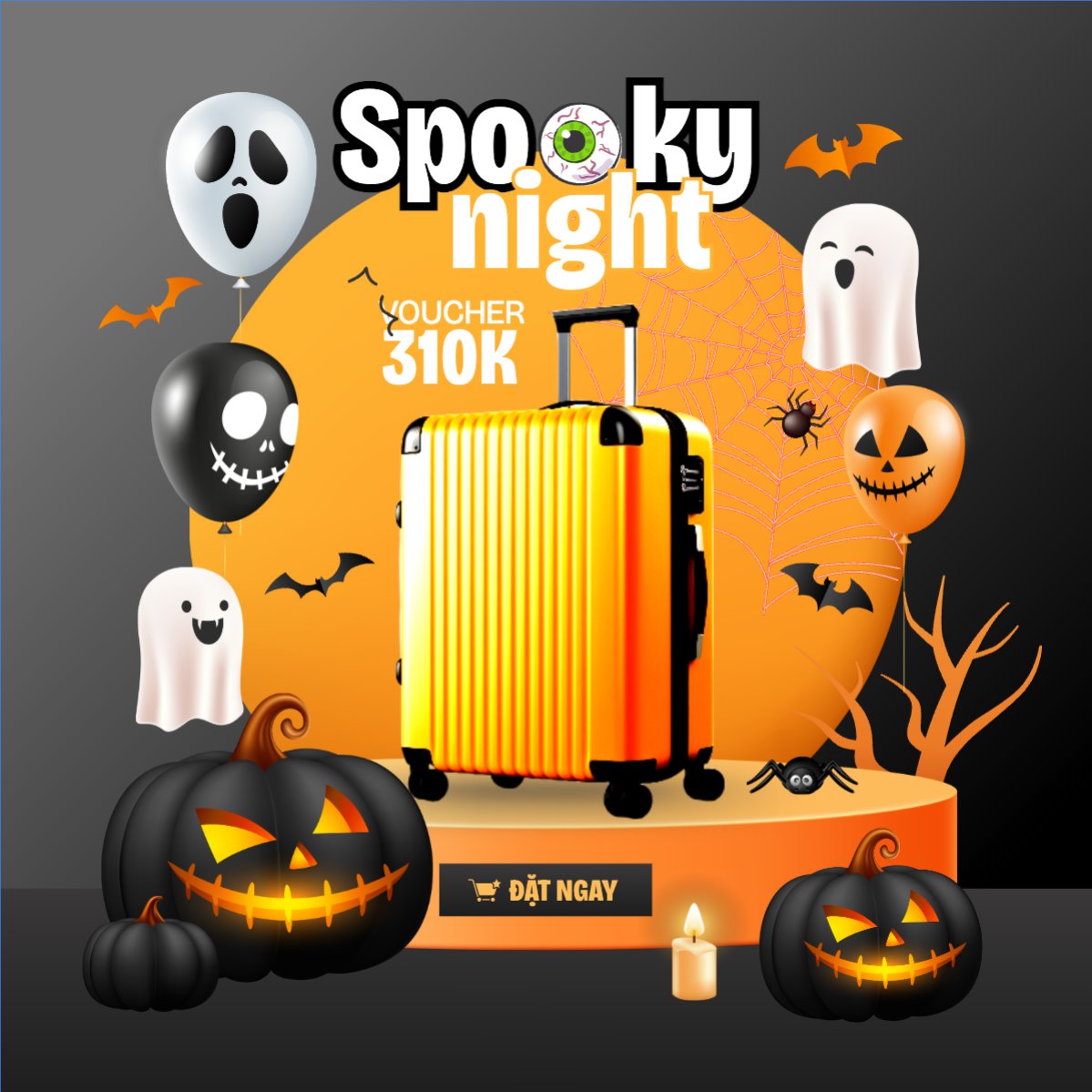 Mẫu Bài post MXH vuông Halloween, lễ hội, festival, vali, du lịch, travel, hành lí, dễ thương, cute, chibi, hoạt hình, cartoon — LayerPic