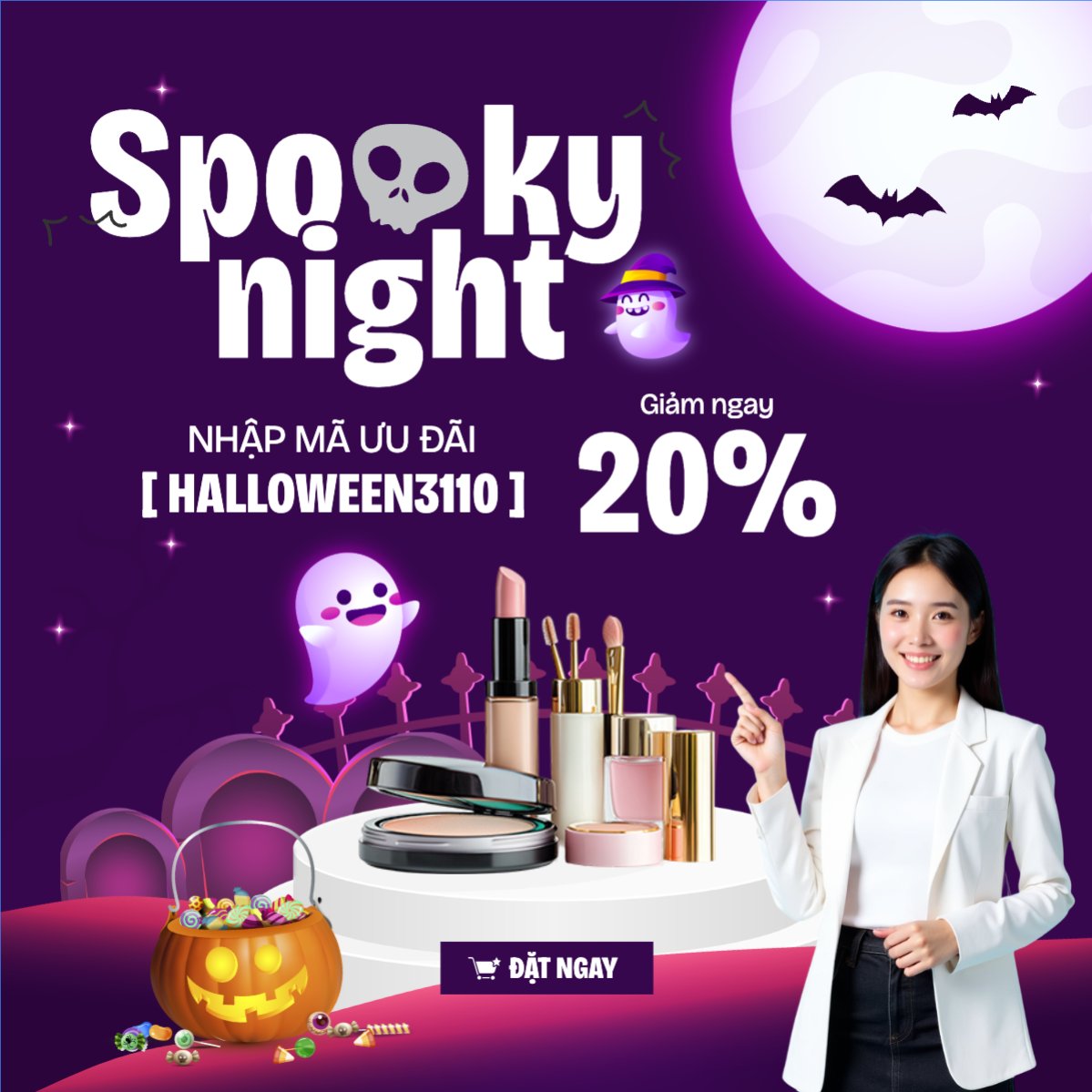 Mẫu Bài post MXH vuông Halloween, lễ hội ma quái, sự kiện, event, mỹ phẩm, cosmetic, làm đẹp, beauty, dễ thương, cute, chibi, hoạt hình, cartoon — LayerPic