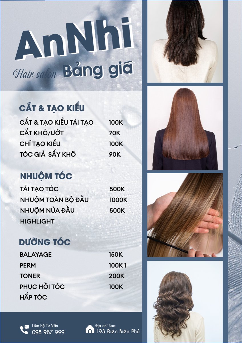 Mẫu Menu tờ rời (dọc) Tiệm tóc, tiệm cắt tóc, salon, nail, spa, beauty, làm đẹp, thẩm mỹ — LayerPic
