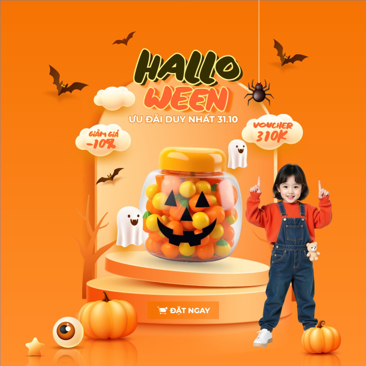 Mẫu Bài post MXH vuông Halloween, lễ hội ma quái, sự kiện, event, food, kẹo, thực phẩm, dễ thương, cute, chibi, hoạt hình, cartoon — LayerPic