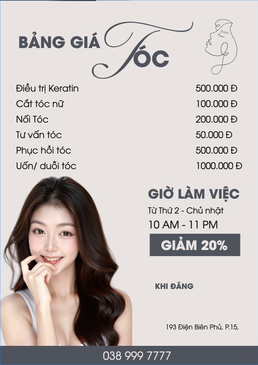Mẫu Menu tờ rời (dọc) Tiệm tóc, tiệm cắt tóc, salon, nail, spa, beauty, làm đẹp, thẩm mỹ — LayerPic