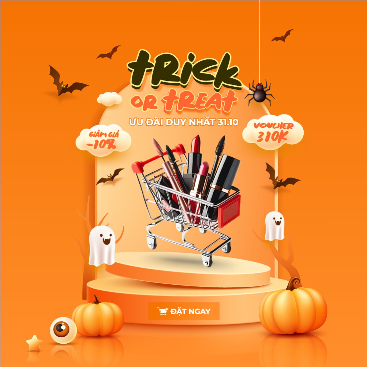 Mẫu Bài post MXH vuông Halloween, lễ hội ma quái, sự kiện, event, mỹ phẩm, cosmetic, làm đẹp, beauty, dễ thương, cute, chibi, hoạt hình, cartoon — LayerPic