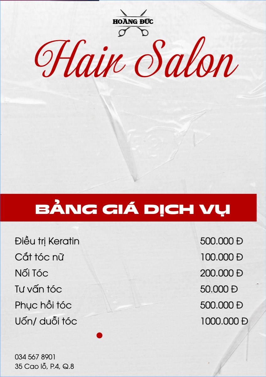 Mẫu Menu tờ rời (dọc) Tiệm tóc, tiệm cắt tóc, salon, nail, spa, beauty, làm đẹp, thẩm mỹ — LayerPic