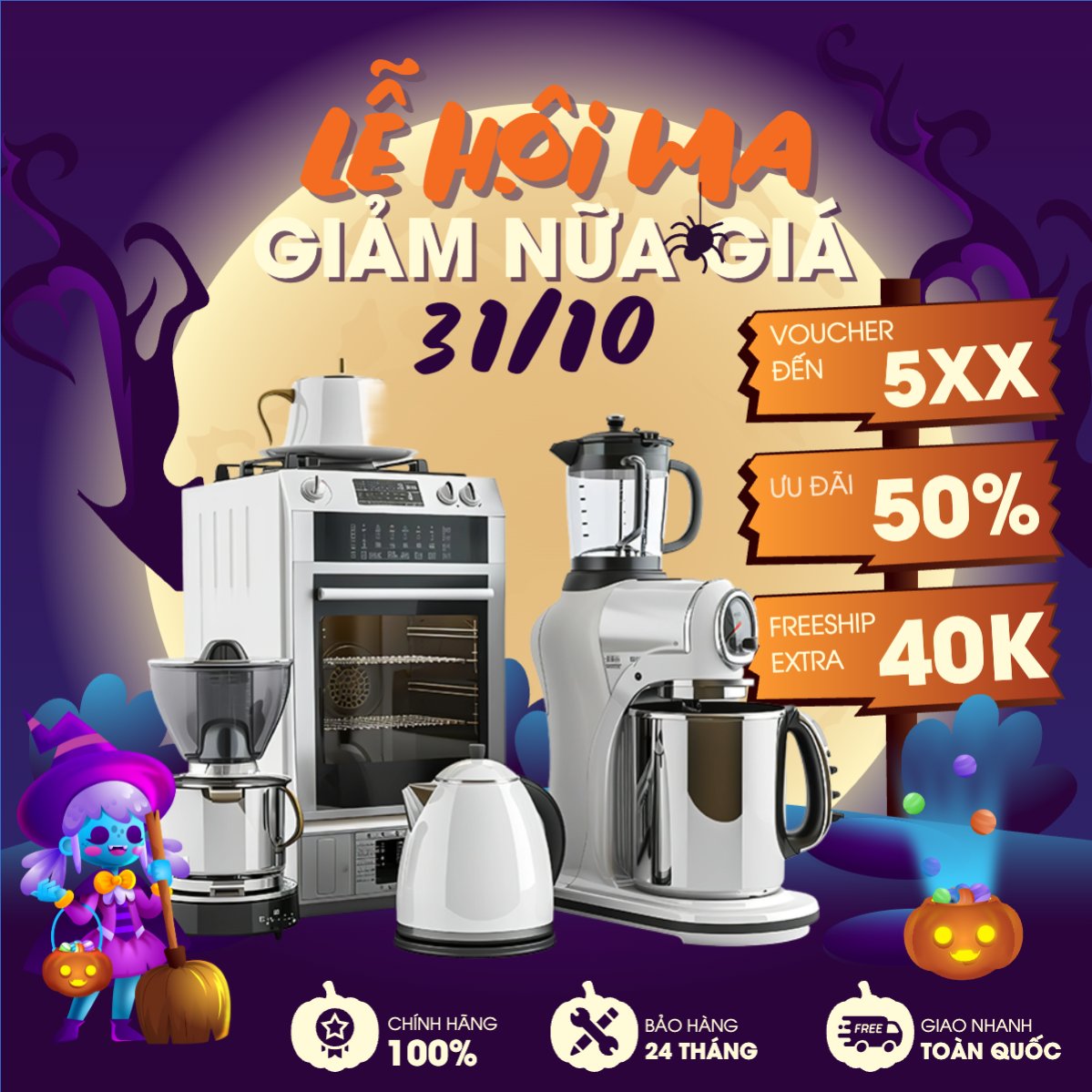 Mẫu Bài post MXH vuông Halloween, lễ hội ma quái, sự kiện, event, công nghệ, technology, điện tử, electronic, dễ thương, cute, chibi, hoạt hình, cartoon — LayerPic