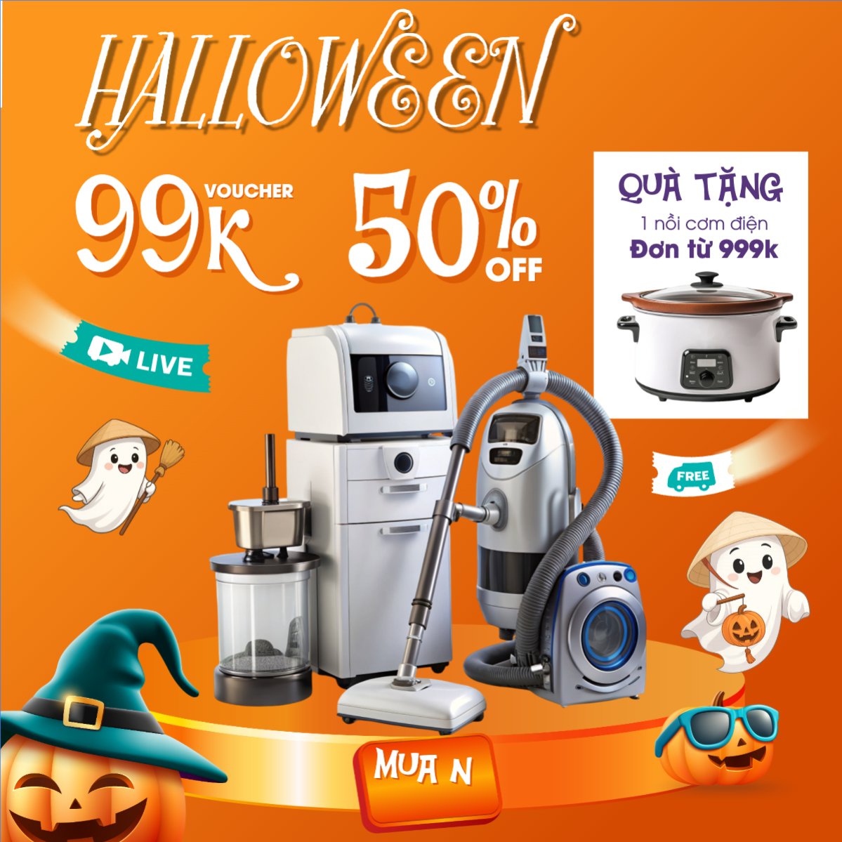 Mẫu Bài post MXH vuông Halloween, lễ hội ma quái, sự kiện, event, công nghệ, technology, điện tử, electronic, dễ thương, cute, chibi, hoạt hình, cartoon — LayerPic