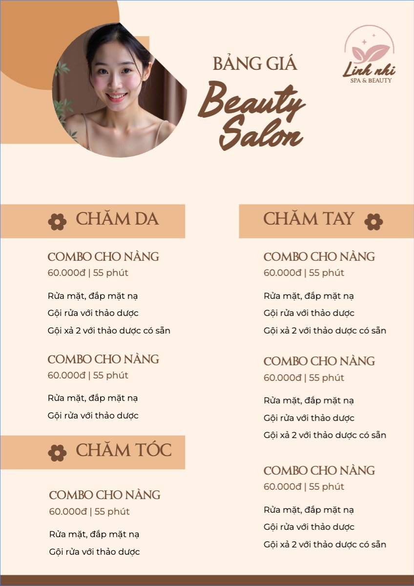 Mẫu Menu tờ rời (dọc) Tiệm tóc, tiệm cắt tóc, salon, nail, spa, beauty, làm đẹp, thẩm mỹ — LayerPic