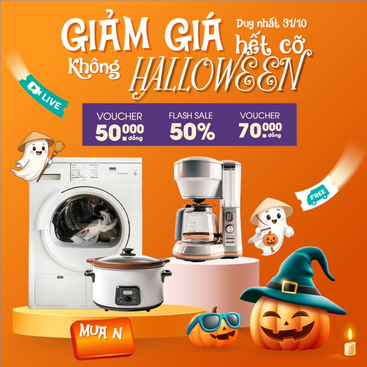 Mẫu Bài post MXH vuông Halloween, lễ hội ma quái, sự kiện, event, công nghệ, technology, điện tử, electronic, dễ thương, cute, chibi, hoạt hình, cartoon — LayerPic