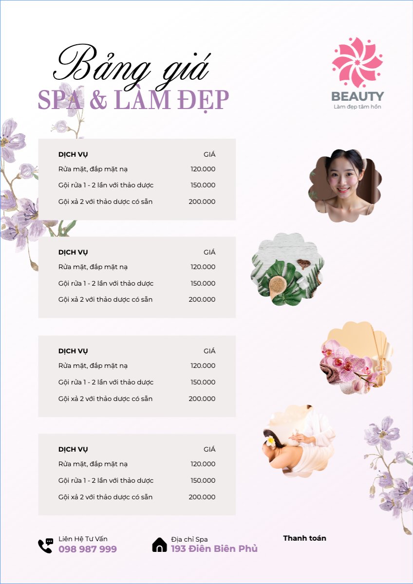 Mẫu Menu tờ rời (dọc) Tiệm tóc, tiệm cắt tóc, salon, nail, spa, beauty, làm đẹp, thẩm mỹ — LayerPic