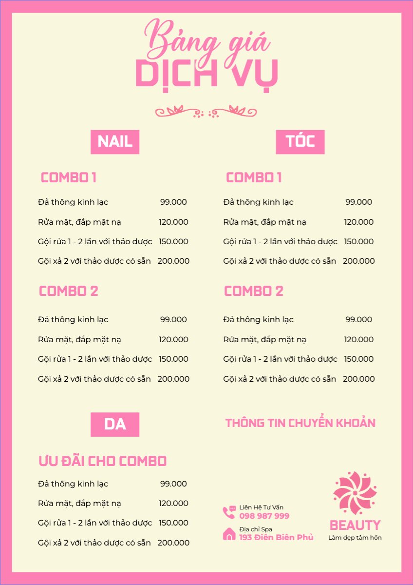 Mẫu Menu tờ rời (dọc) Tiệm tóc, tiệm cắt tóc, salon, nail, spa, beauty, làm đẹp, thẩm mỹ — LayerPic