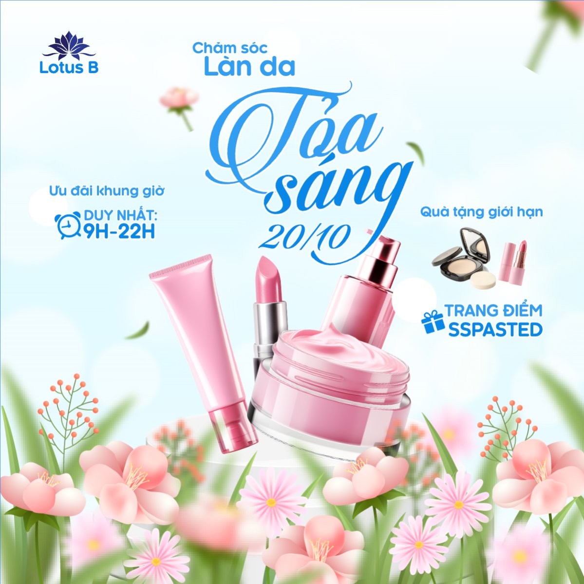 Mẫu Bài post MXH vuông 20/10, Ngày phụ nữ Việt Nam, Vietnamese Women's Day, phụ nữ, sự kiện, event, mỹ phẩm, làm đẹp, beauty, hiện đại, modern, hoa lá — LayerPic