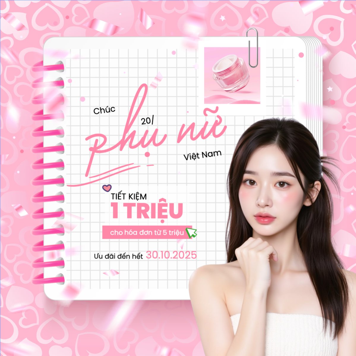 Mẫu Bài post MXH vuông 20/10, Ngày phụ nữ Việt Nam, Vietnamese Women's Day, phụ nữ, sự kiện, event, mỹ phẩm, làm đẹp, beauty, hiện đại, modern — LayerPic