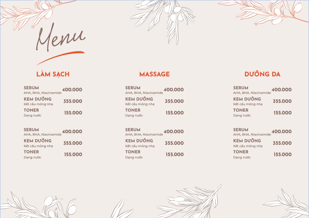 Mẫu Menu tờ rời (ngang) Spa, beauty, làm đẹp, thẩm mỹ,massage — LayerPic