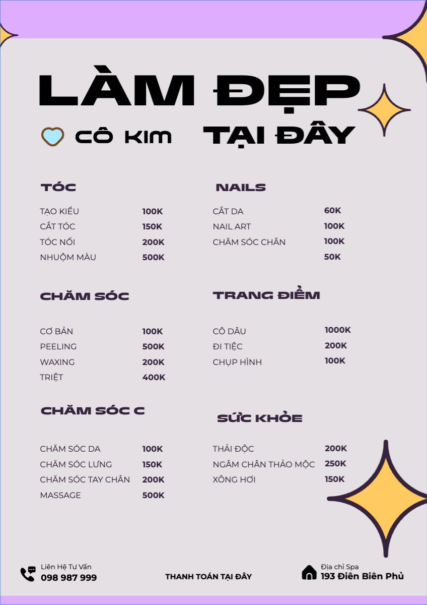 Mẫu Menu tờ rời (dọc) Tiệm tóc, tiệm cắt tóc, salon, nail, spa, beauty, làm đẹp, thẩm mỹ — LayerPic