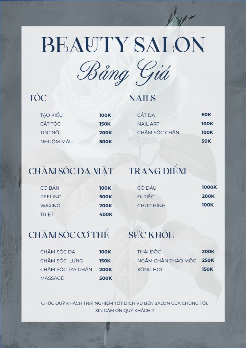 Mẫu Menu tờ rời (dọc) Tiệm tóc, tiệm cắt tóc, salon, nail, spa, beauty, làm đẹp, thẩm mỹ — LayerPic
