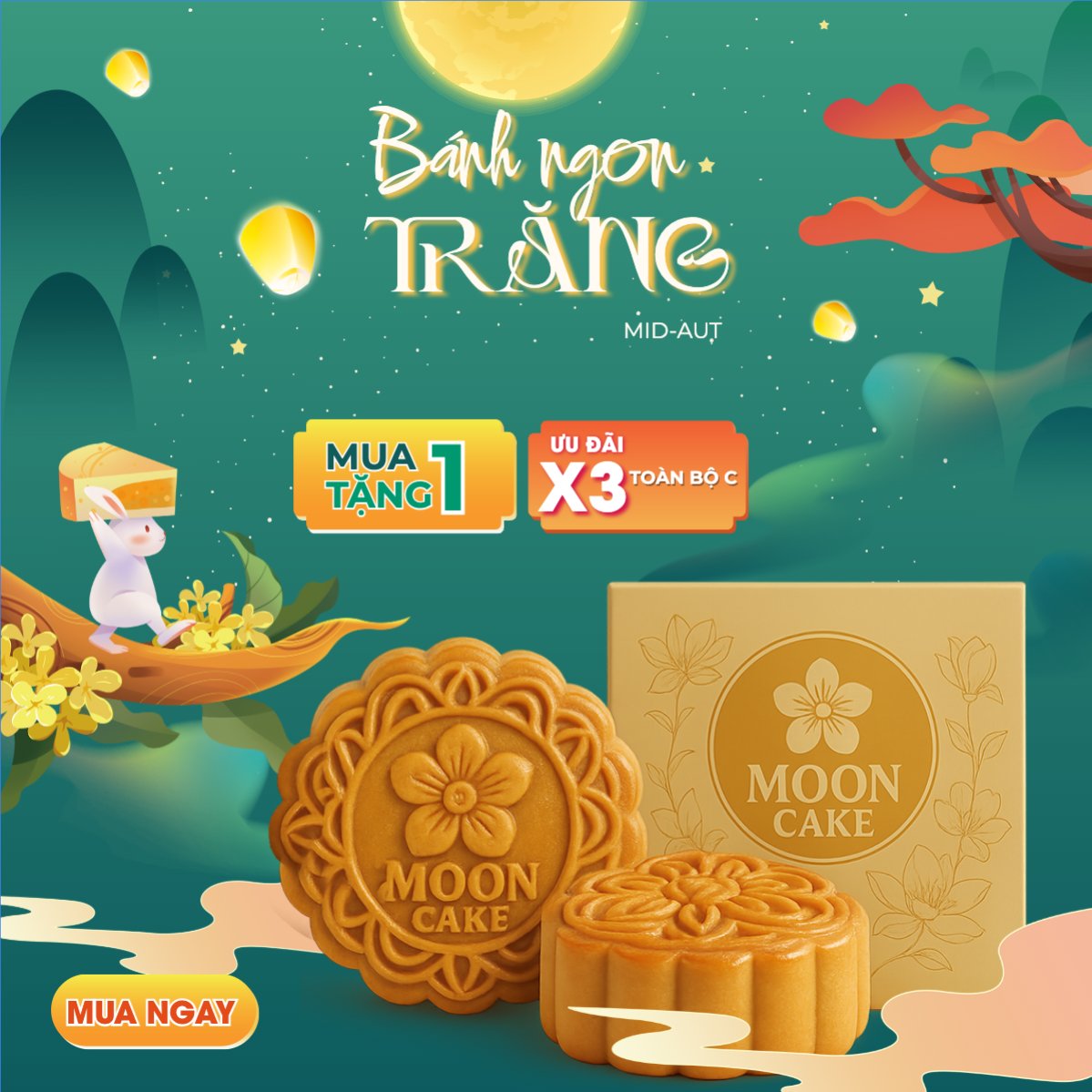 Mẫu Bài post MXH vuông Trung thu, Tết Đoàn Viên, mid-autumn festival, sự kiện, event, lễ hội, festival, ẩm thực, food, bánh trung thu, cute, dễ thương — LayerPic
