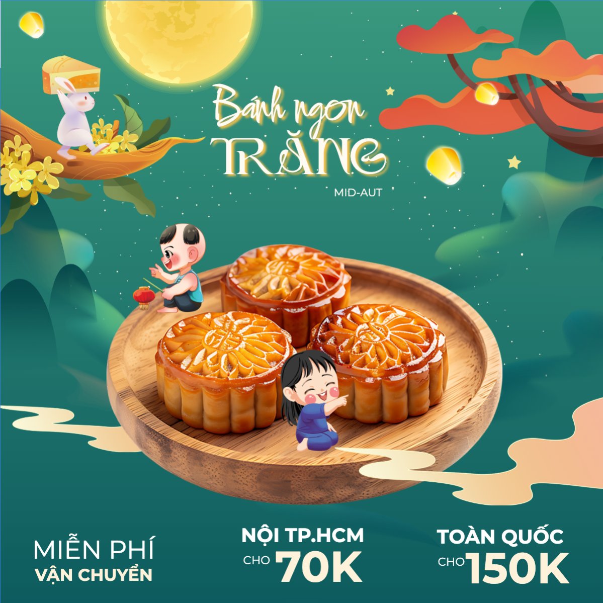 Mẫu Bài post MXH vuông Trung thu, Tết Đoàn Viên, mid-autumn festival, sự kiện, event, lễ hội, festival, ẩm thực, food, bánh trung thu, cute, dễ thương — LayerPic