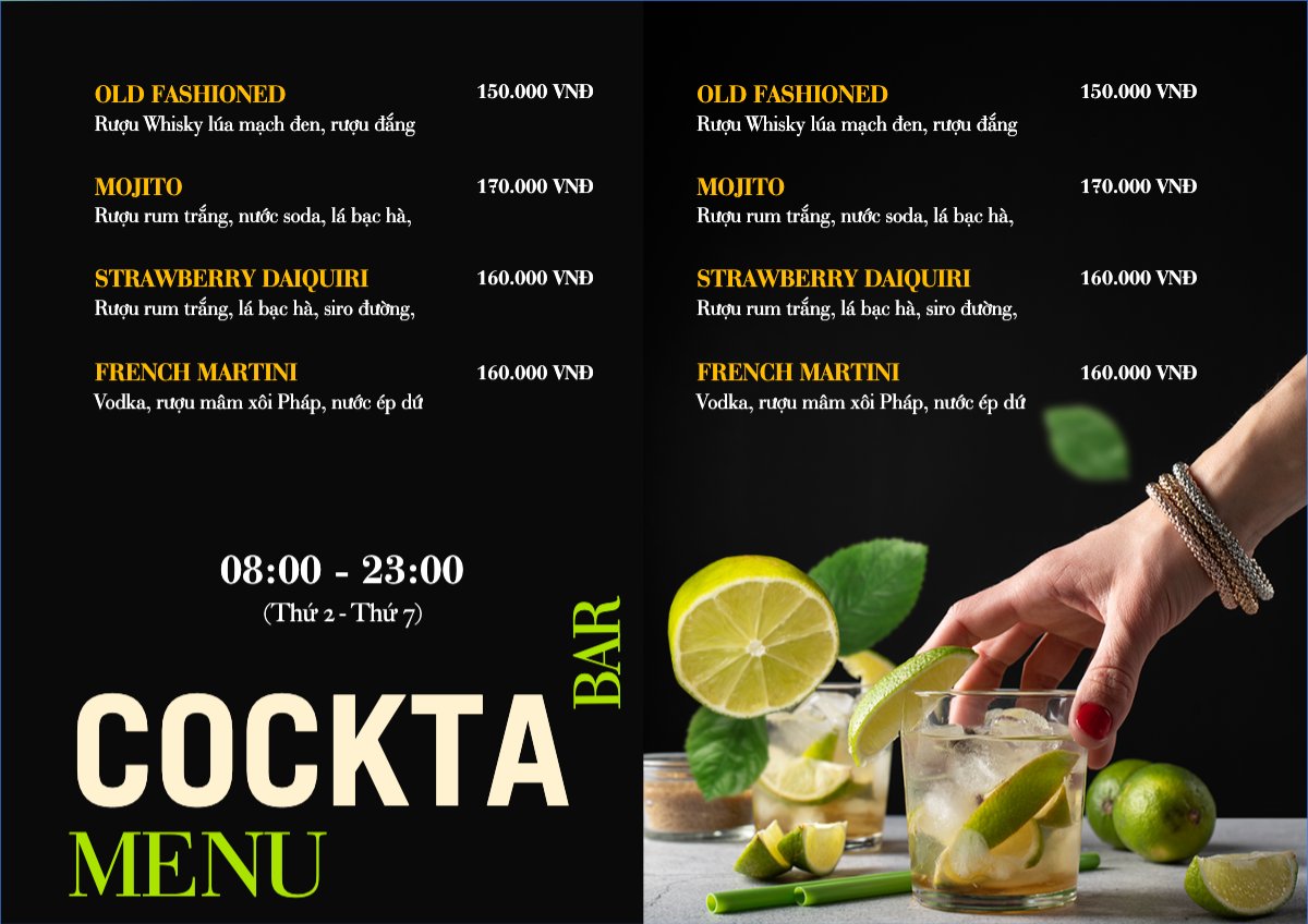 Mẫu Menu tờ rời (ngang) Nước uống, juice, giải khát, F&B, drink, cocktail — LayerPic