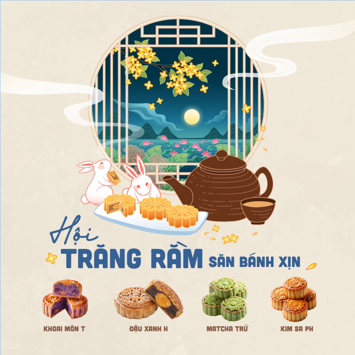 Mẫu Bài post MXH vuông Trung thu, Tết Đoàn Viên, mid-autumn festival, sự kiện, event, lễ hội, festival, ẩm thực, food, bánh trung thu, cute, dễ thương — LayerPic