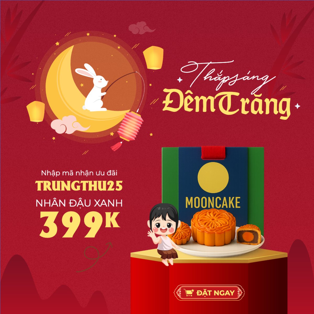 Mẫu Bài post MXH vuông Trung thu, Tết Đoàn Viên, mid-autumn festival, sự kiện, event, lễ hội, festival, ẩm thực, food, bánh trung thu, cute, dễ thương — LayerPic