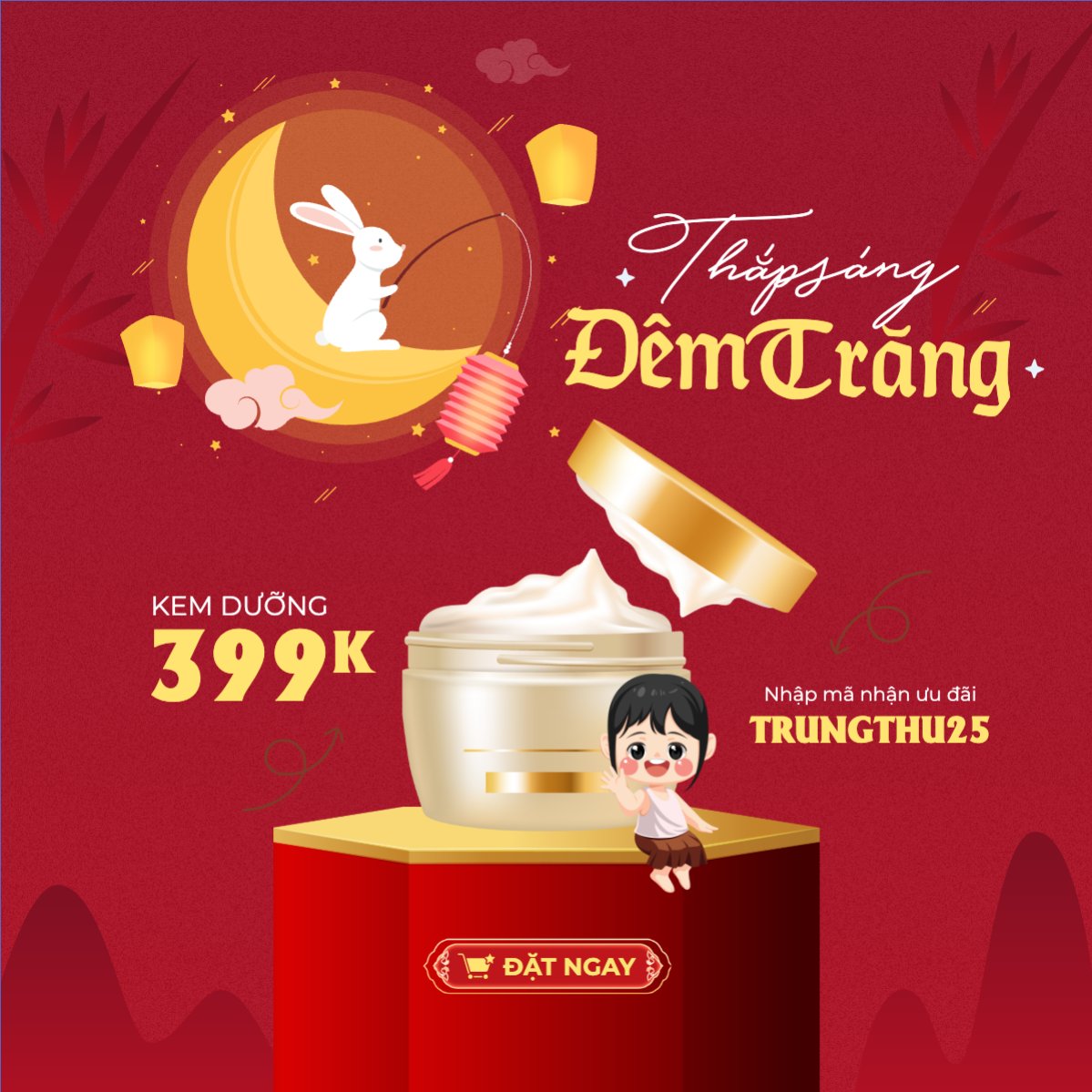 Mẫu Bài post MXH vuông Trung thu, Tết Đoàn Viên, mid-autumn festival, sự kiện, event, lễ hội, festival, mỹ phẩm, beauty, làm đẹp, sale, giảm giá, dễ thương, cute — LayerPic