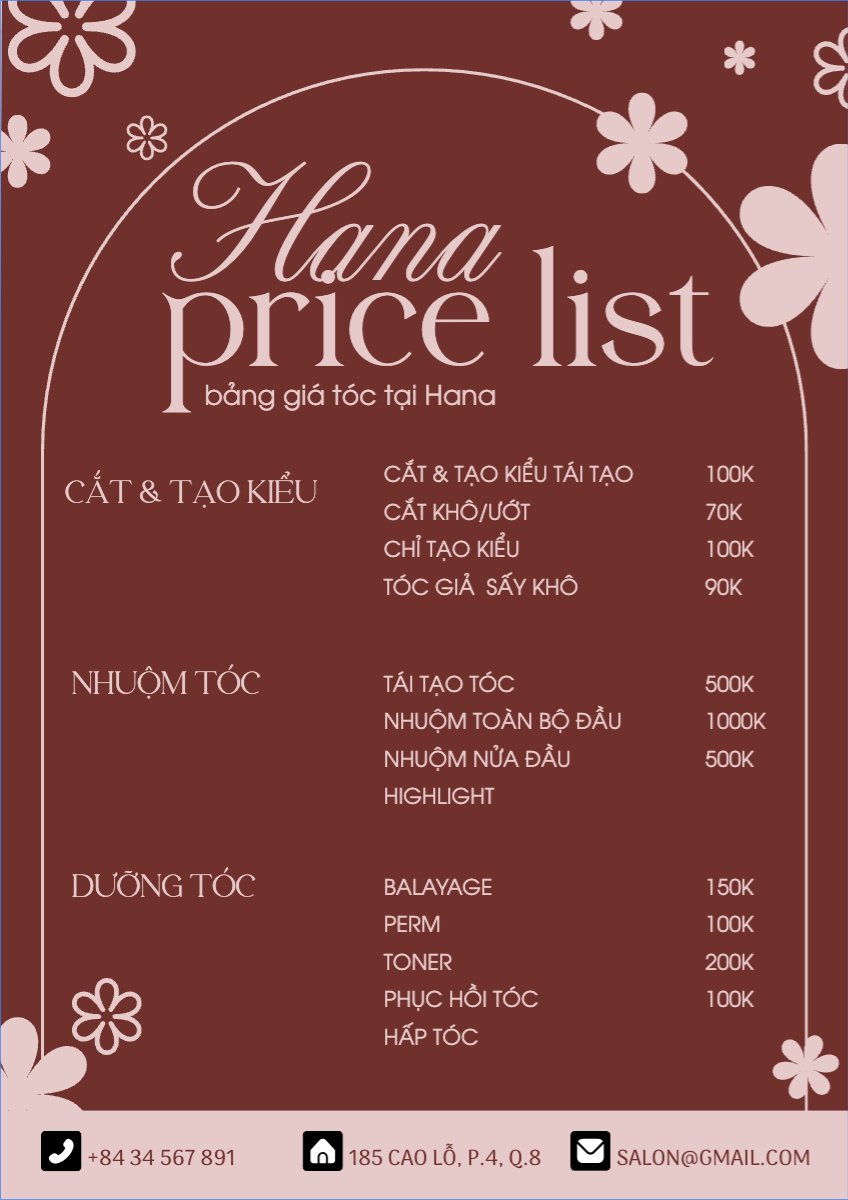 Mẫu Menu tờ rời (dọc) Salon, tiệm tóc, spa, beauty, làm đẹp, thẩm mỹ — LayerPic