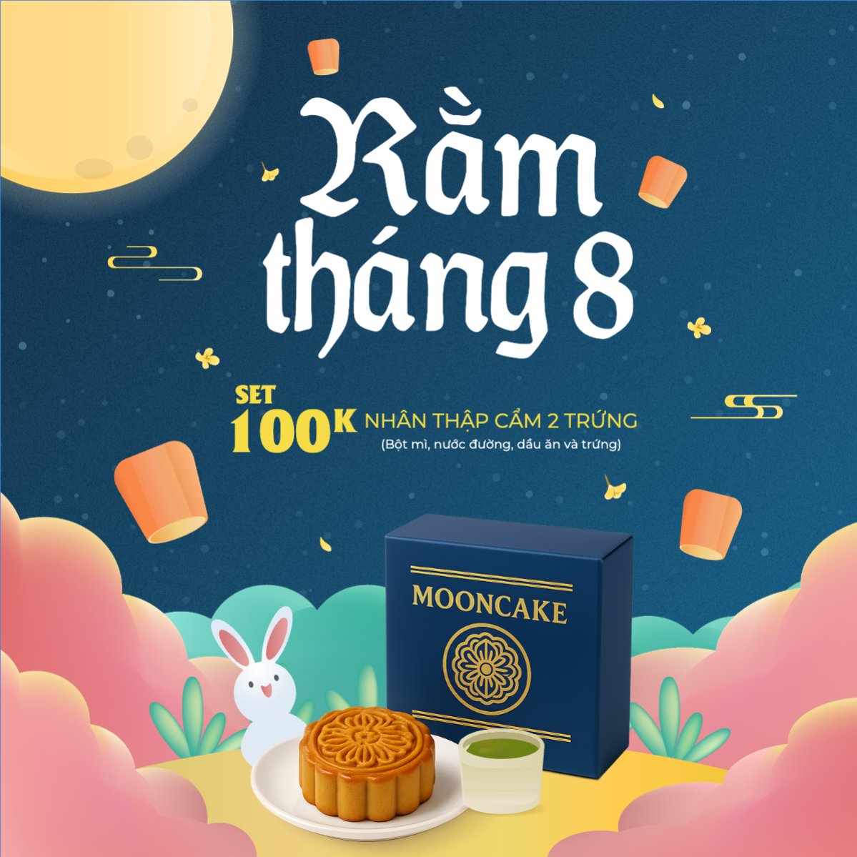 Mẫu Bài post MXH vuông Trung thu, Tết Đoàn Viên, mid-autumn festival, sự kiện, event, lễ hội, festival, ẩm thực, food, bánh trung thu, cute, dễ thương — LayerPic