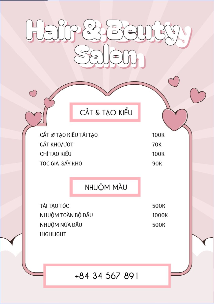 Mẫu Menu tờ rời (dọc) Salon, tiệm tóc, spa, beauty, làm đẹp, thẩm mỹ — LayerPic