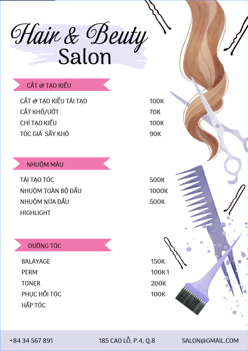 Mẫu Menu tờ rời (dọc) Salon, tiệm tóc, spa, beauty, làm đẹp, thẩm mỹ — LayerPic