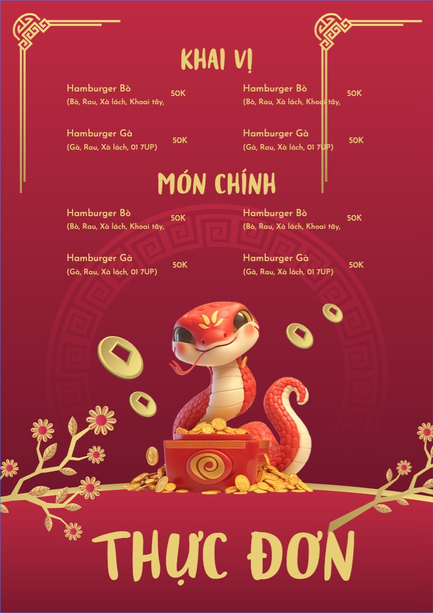 Mẫu Menu tờ rời (dọc) Tết, Xuân, Ất tỵ, năm 2025, 2025, ẩm thực, nước uống, food, drink — LayerPic