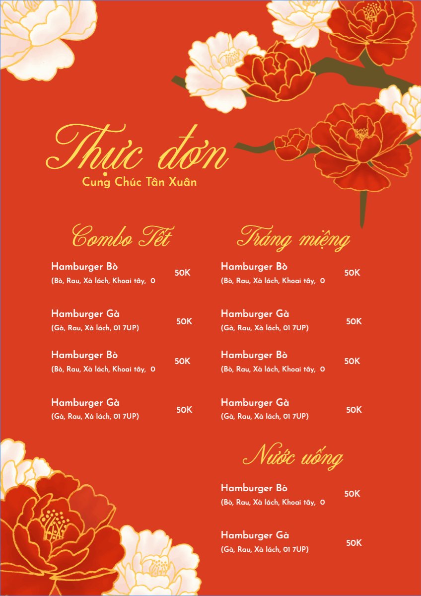 Mẫu Menu tờ rời (dọc) Tết, Xuân, Ất tỵ, năm 2025, 2025, ẩm thực, nước uống, food, drink — LayerPic