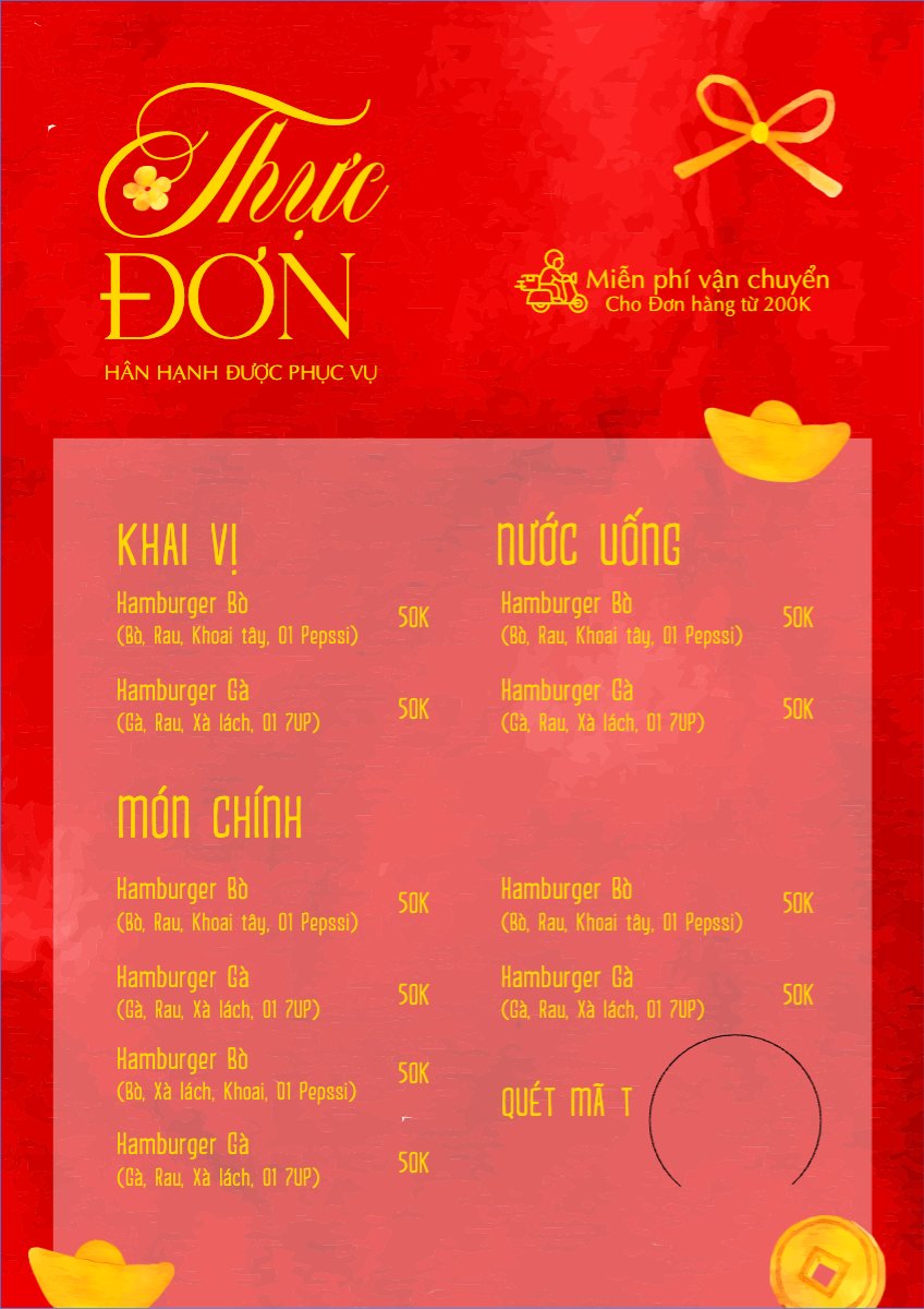 Mẫu Menu tờ rời (dọc) Tết, Xuân, Ất tỵ, năm 2025, 2025, ẩm thực, nước uống, food, drink — LayerPic