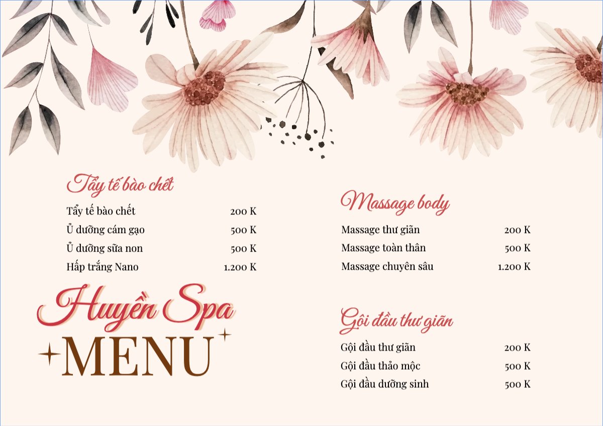 Mẫu Menu tờ rời (ngang) Spa, beauty, làm đẹp, thẩm mỹ,gội đầu — LayerPic