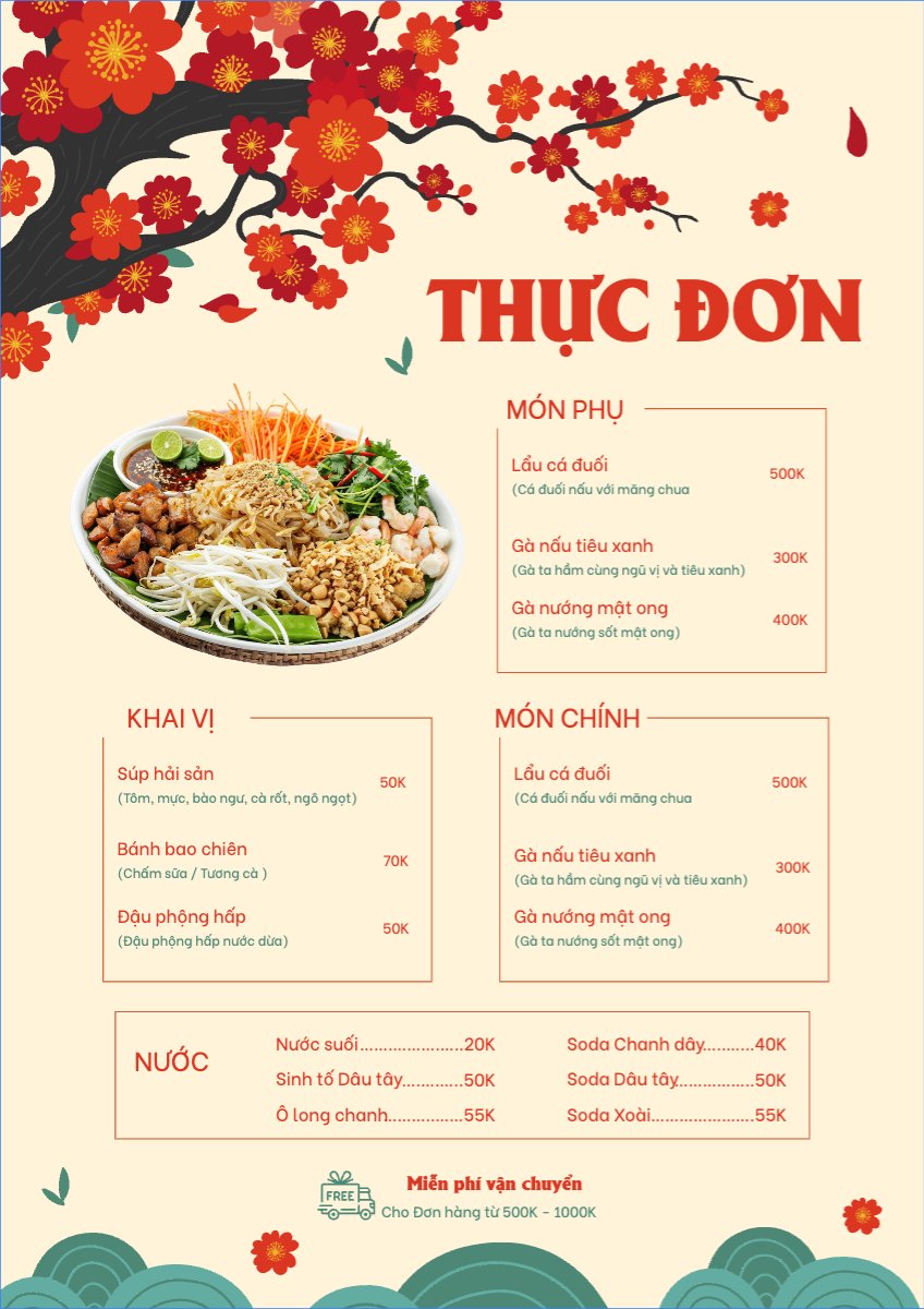 Mẫu Menu tờ rời (dọc) Tết, Xuân, Ất tỵ, năm 2025, 2025, ẩm thực, nước uống, food, drink — LayerPic