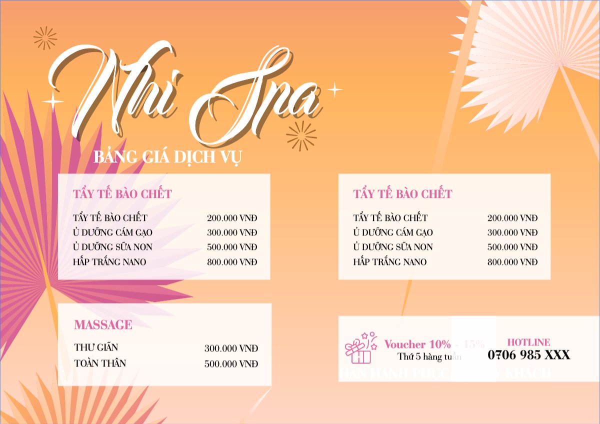 Mẫu Menu tờ rời (ngang) Spa, beauty, làm đẹp, thẩm mỹ,gội đầu — LayerPic