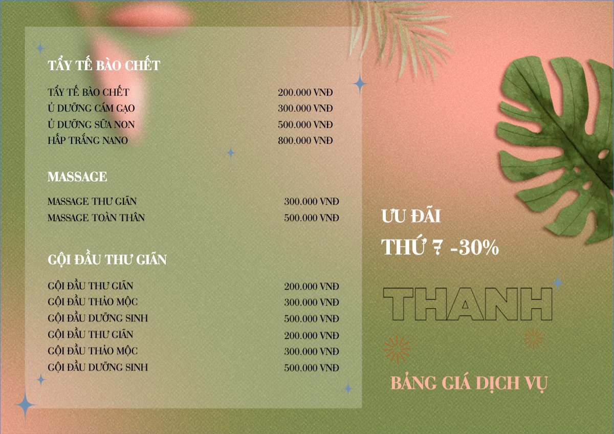 Mẫu Menu tờ rời (ngang) Spa, beauty, làm đẹp, thẩm mỹ,gội đầu — LayerPic