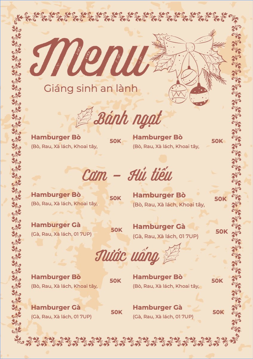Mẫu Menu tờ rời (dọc) Giáng sinh, Christmas, Noel, 25/12, ẩm thực, food, nước uống, drink — LayerPic