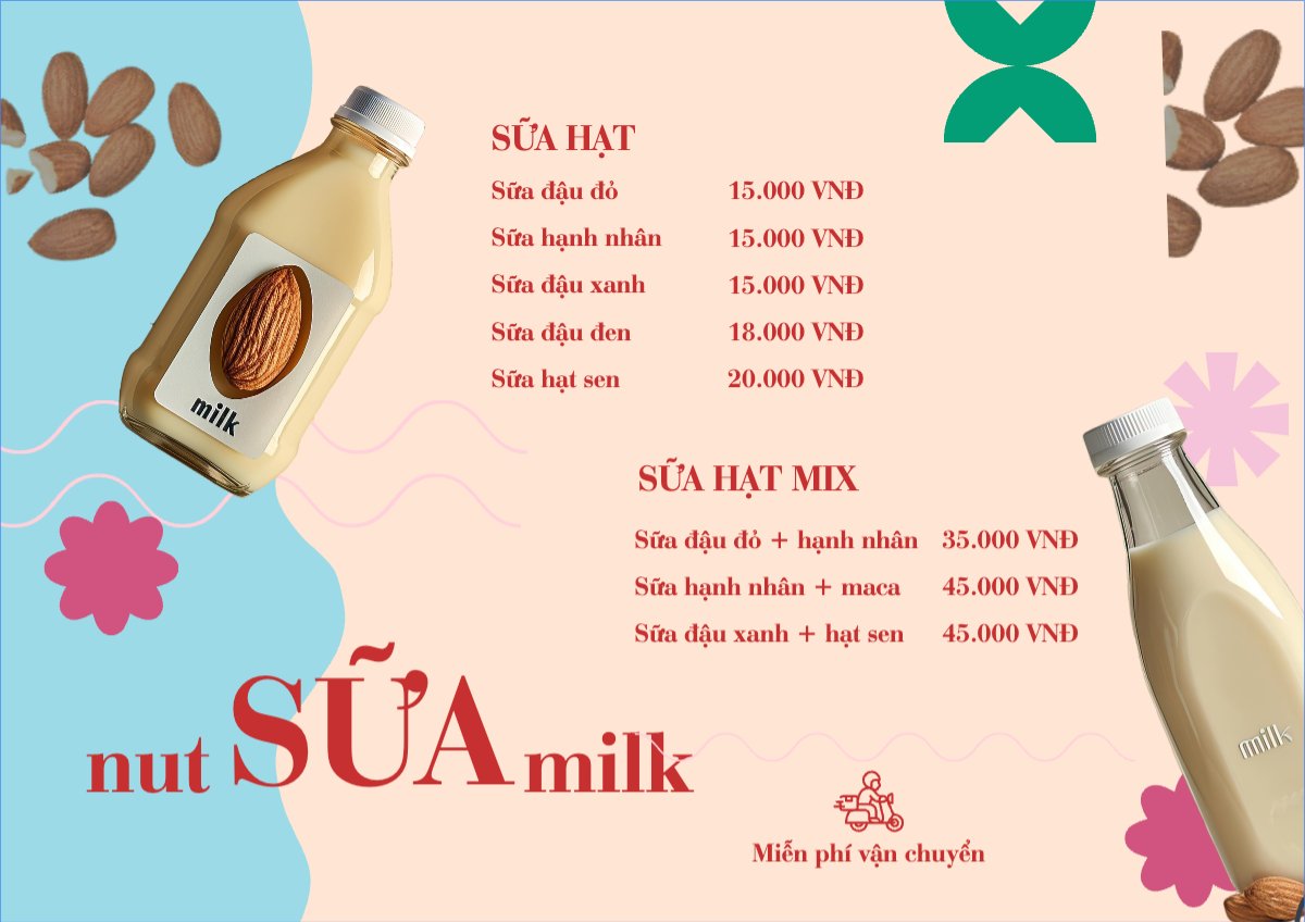 Mẫu Menu tờ rời (ngang) Nước uống, juice, giải khát, F&B, drink, nut milk, sữa hạt — LayerPic