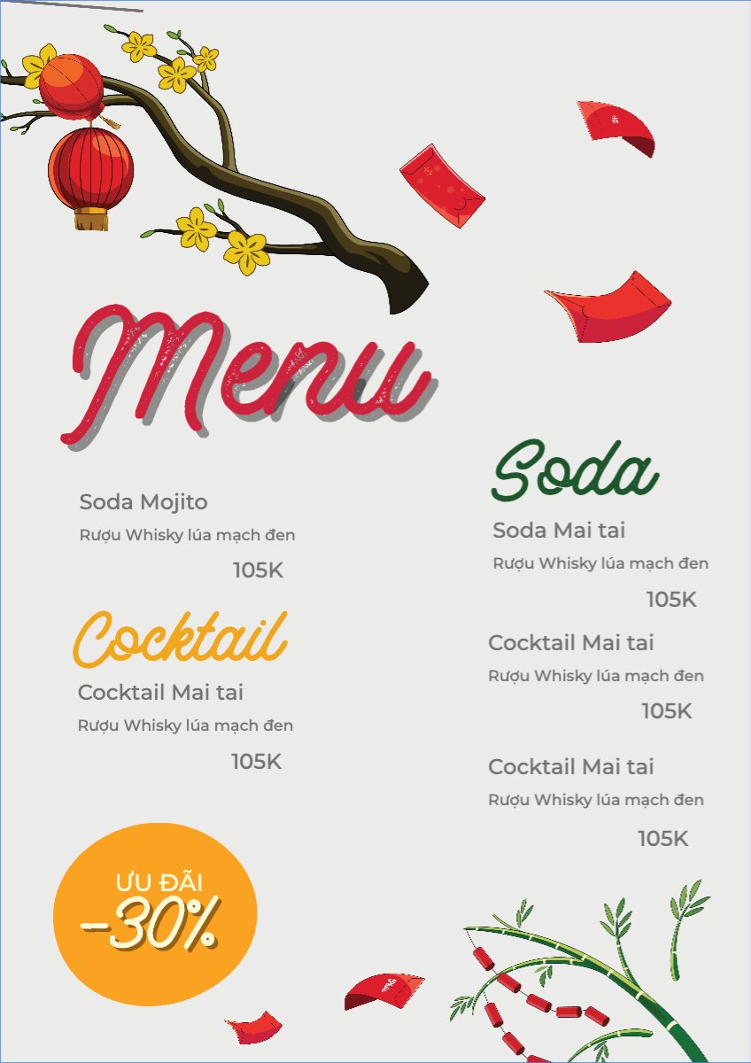 Mẫu Menu tờ rời (dọc) Tết, Xuân, Ất tỵ, năm 2025, 2025, ẩm thực, food — LayerPic